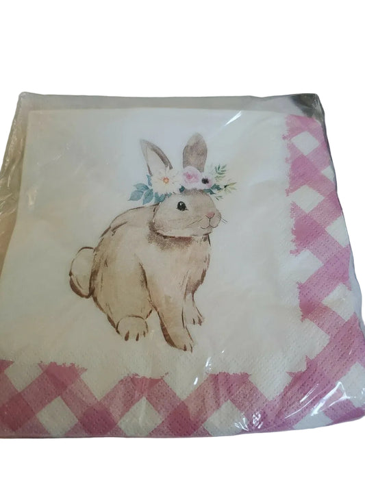 Paper lunch napkins featuring a bunny rabbit with a floral crown, Heatherlee Chan spring design