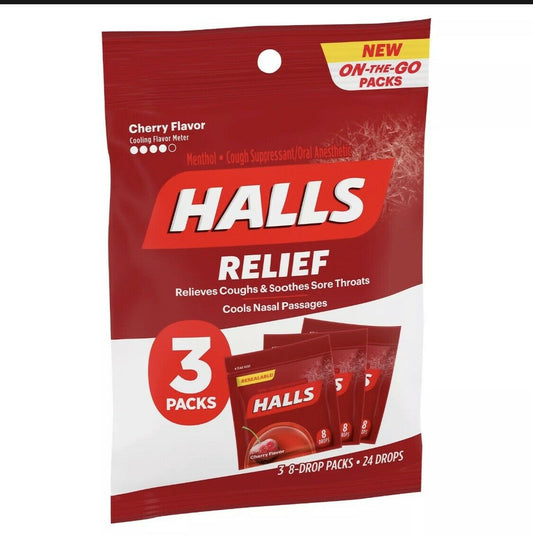 HALLS Relief Cherry Flavor Cough Drops, 1 Bag - 3 On-the-Go Packs Per Bag 24 ct,