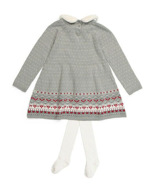 Toddler girls faux fur collar sweater dress with matching hat and tights size 3T