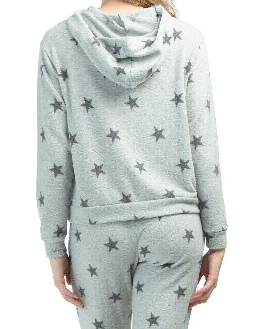 OLIVIA & VIVIANN Brushed Hacci Cozy Star Print Hoodie Size L Grey
