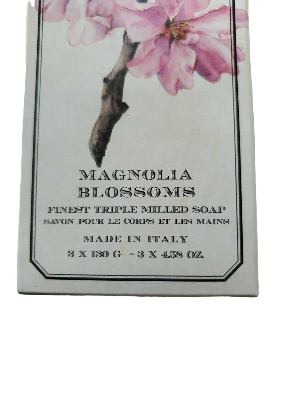 Box of Magnolia Blossoms soap with floral design on a white background