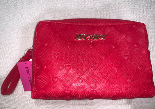 Betsey Johnson Cosmetic Wristlet Red W/ Embossed Heart Design