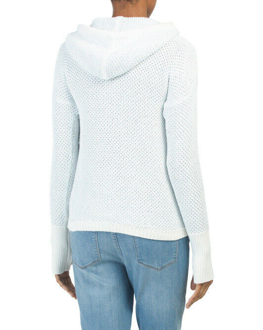 Textured Hood Pullover Sweater S grey white cotton thumbholes ribbed trim knit