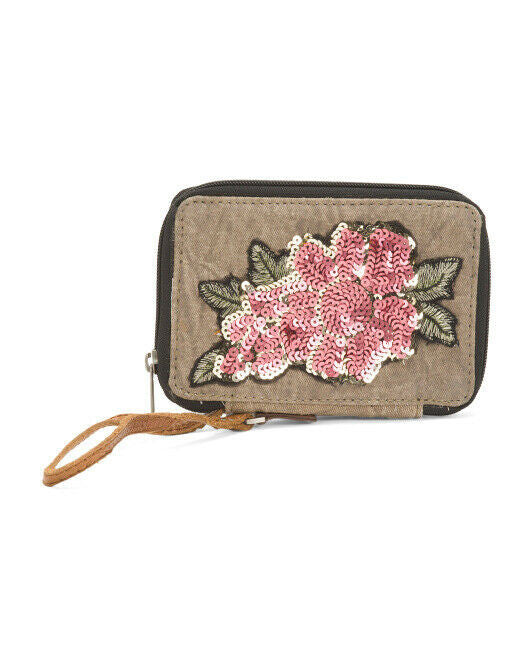 MONA B Upcycled Wallet Rosabella Pink Floral Rose Sequin Wristlet M-5076