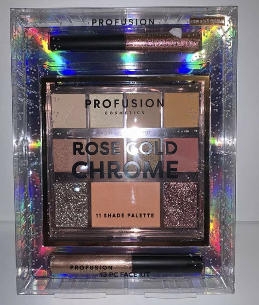 Face & Eye Makeup Set Rose Gold Chrome 11 shades Profusion Cosmetics 13pcs