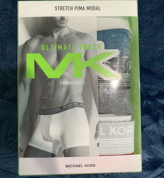 Packaging of Michael Kors Ultimate Touch boxer briefs showing a model wearing white boxer briefs with the Michael Kors logo on the waistband, and the product name 'Ultimate Touch MK' prominently displayed.