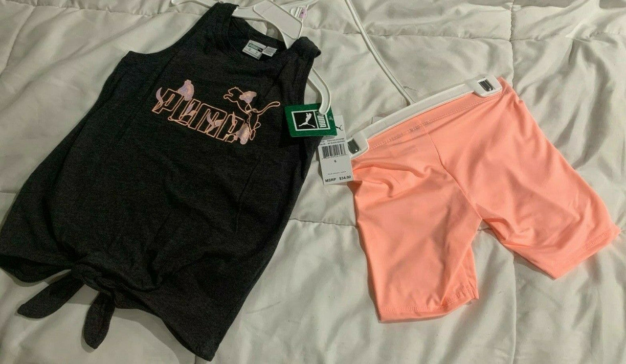 PUMA Little Girls 2pc Tank And Bike Short Set Size 6 pink black