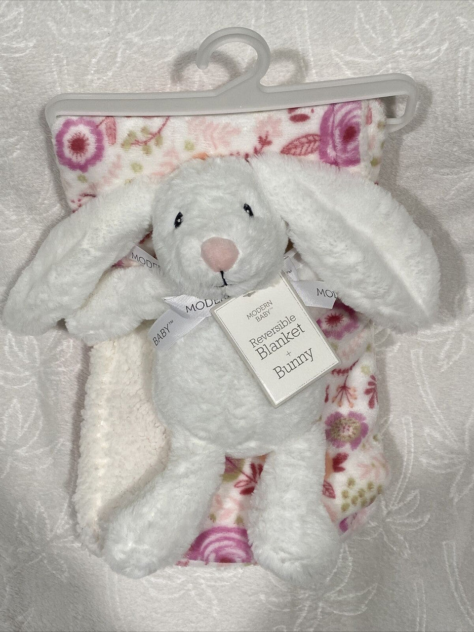 Modern baby reversible blanket W Plush Bunny White Pink 30” X 36”
