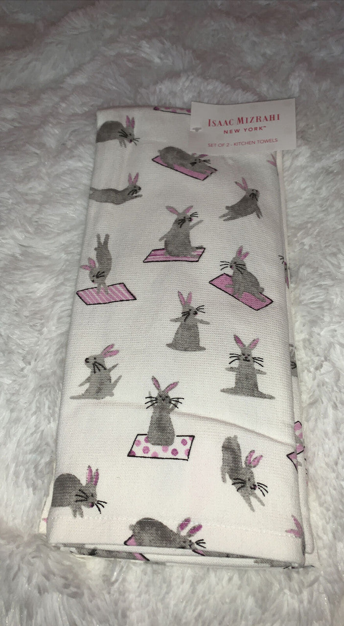 Isaac Mizrahi Set of 2 Bunny Rabbit Yoga matt pink white Kitchen Towels