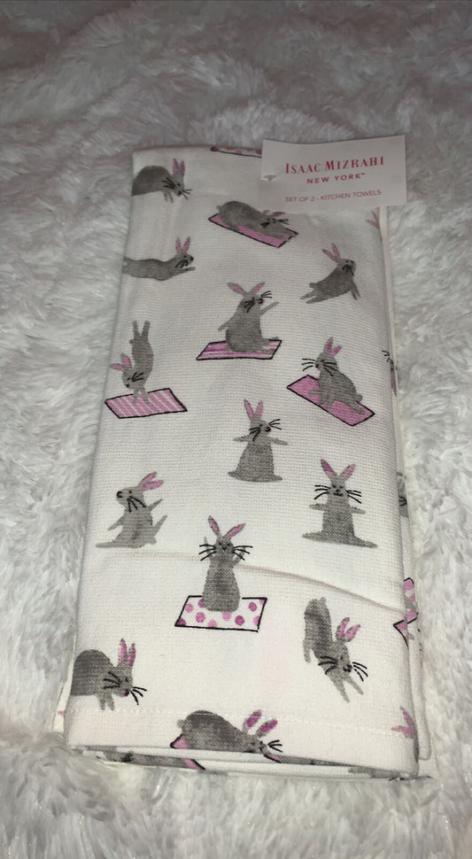 Isaac Mizrahi Set of 2 Bunny Rabbit Yoga matt pink white Kitchen Towels