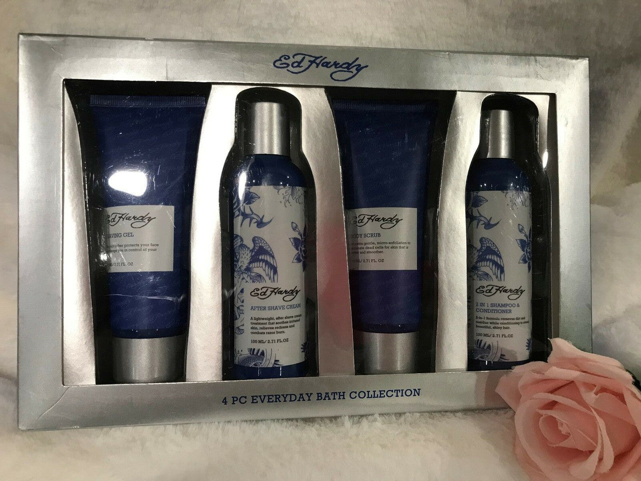 Ed Hardy 4 pc Set Shaving Gel After Shave Cream Body Scrub 2 in 1 Shampoo & Cond