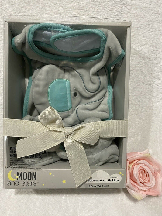 MOON and STARS Gray Elephant Bib And Bootie Baby Set For Ages 0-12m