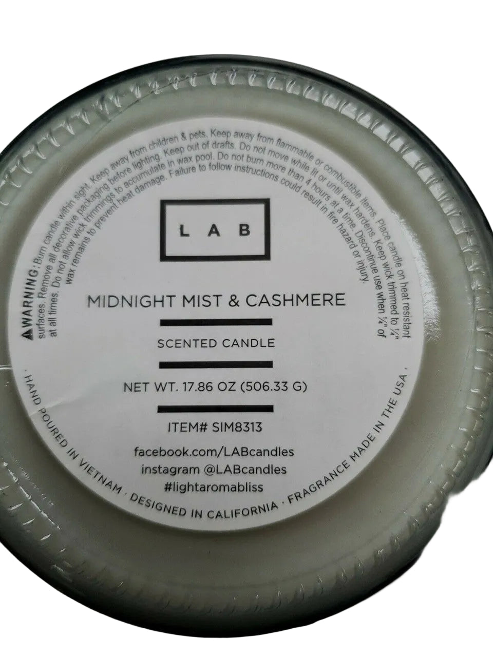 Lab Brand Candle  MIDNIGHT MIST & CASHMERE Scent. 17.8 oz.