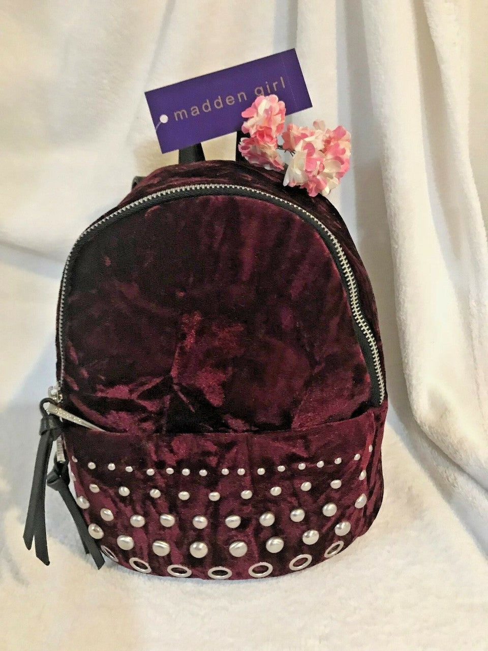 Madden Girl Burgundy Velvet Backpack with silver studs