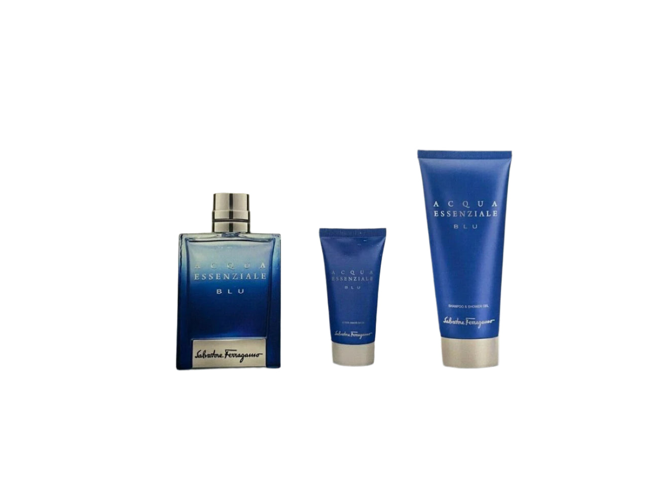 Salvatore Ferragamo Acqua Essenziale Blu 3-piece men’s fragrance gift set with EDT, shower gel, and aftershave in blue box