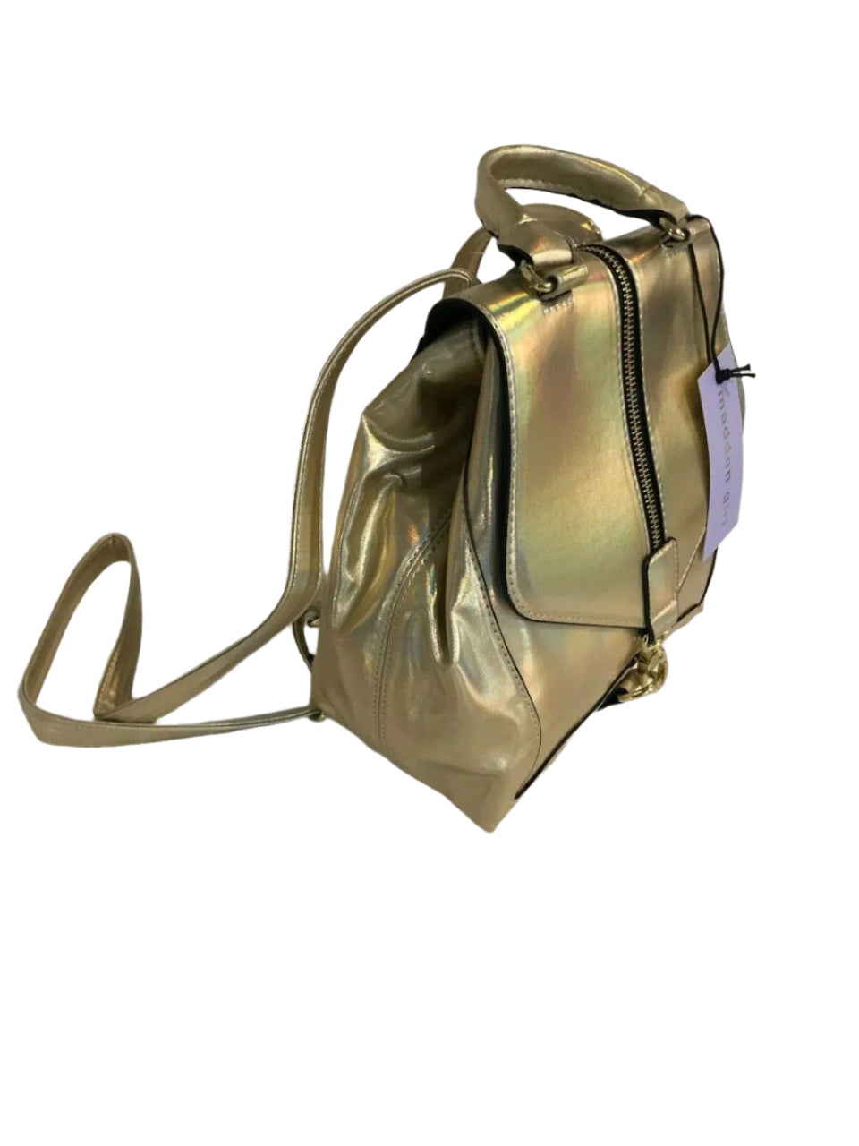Madden Girl MG-3115 gold metallic faux leather backpack with front buckle and drawstring