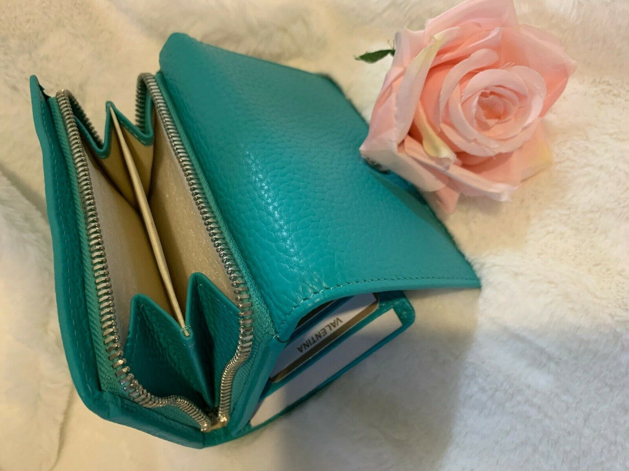 VALENTINA Italy Genuine Leather Pebbled Wallet Aqua approx 5" x 3.5"