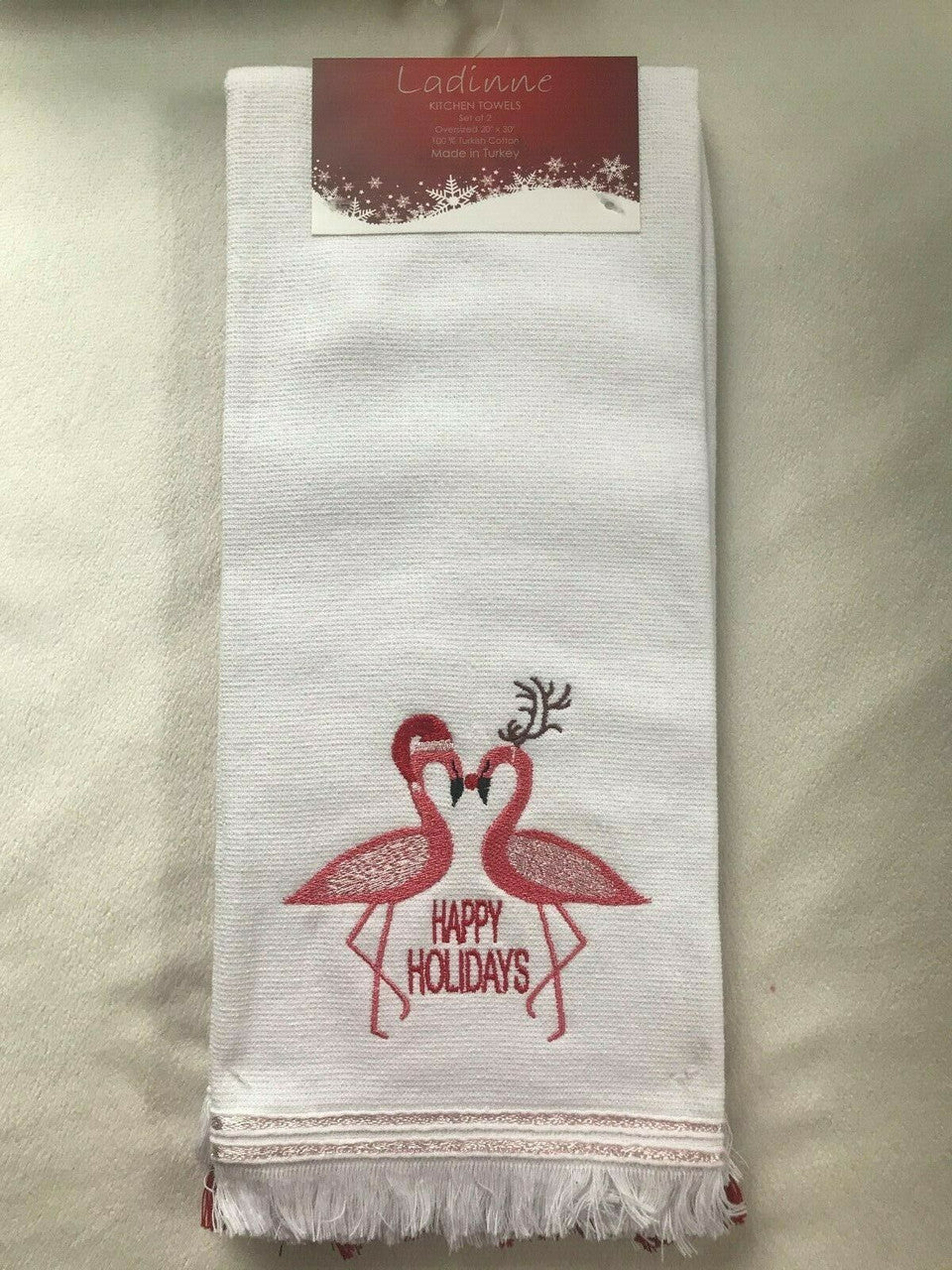 Ladinne Kitchen Towels Set of 2 Oversized 20" x 30" 100% Turkish Cotton Flamingo