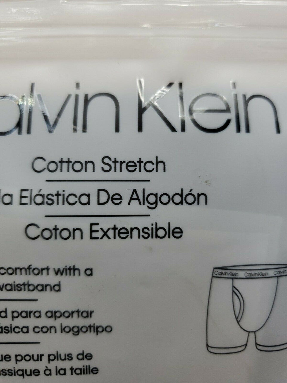 Calvin Klein boy’s boxer briefs, 2-pack cotton stretch underwear in size S (6-7), black/navy and stripe, shown in original packaging.