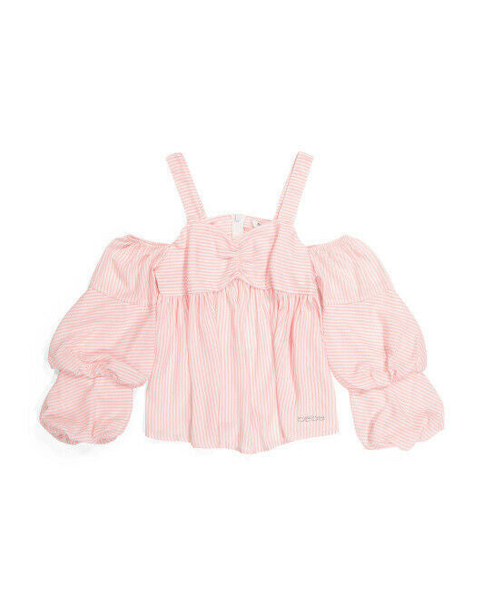 BEBE Girls Cold Shoulder Shirting Stripe Top  L ( 14 ) light pink