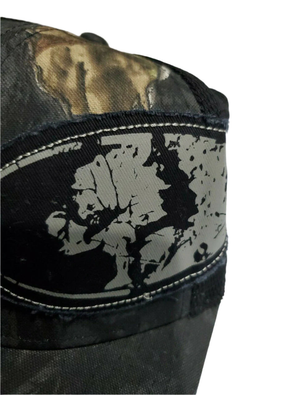 Mossy Oak men's black camo baseball cap with stretch-fit Proflex band and plastic mesh back, displayed from multiple angles.
