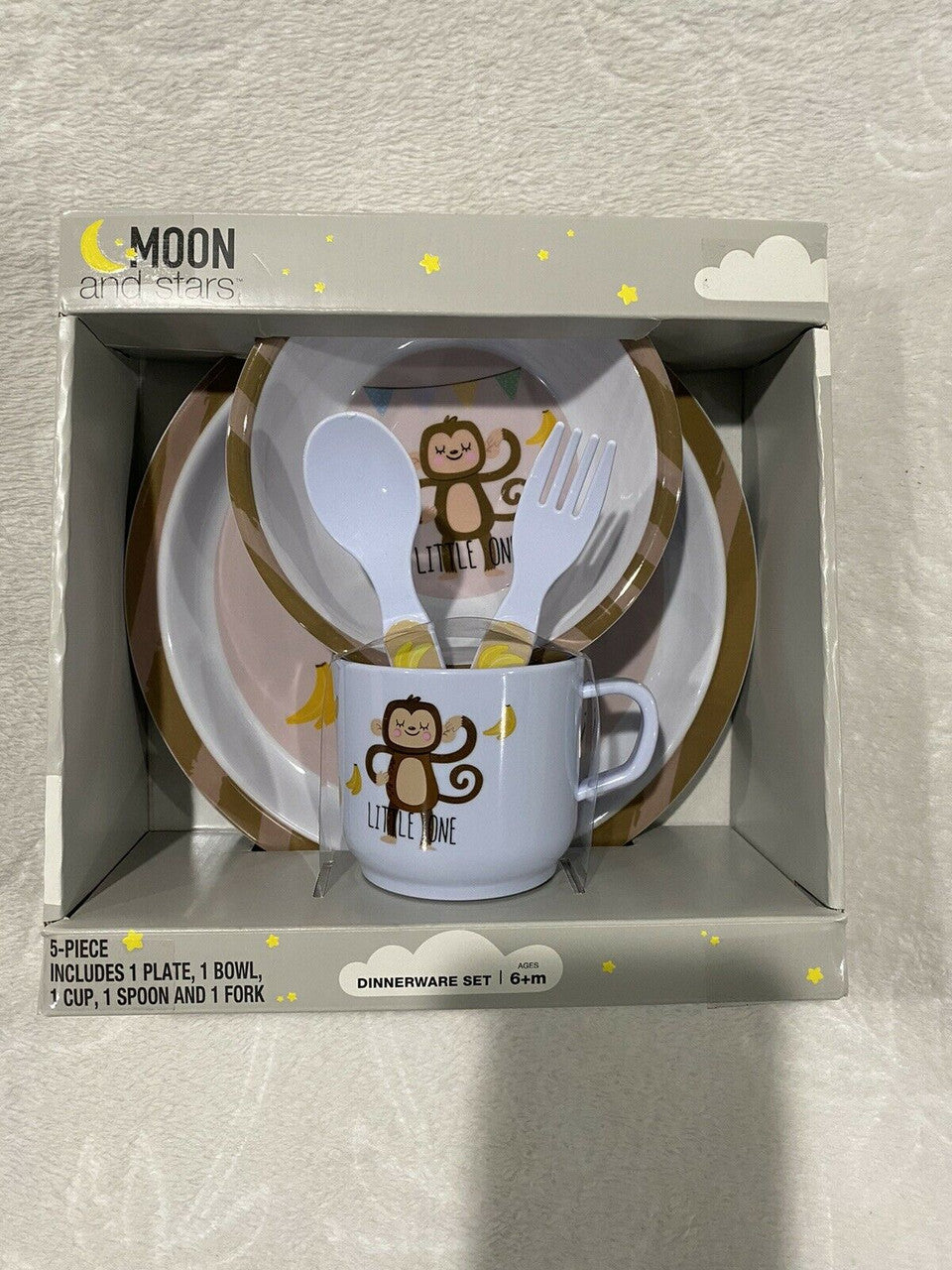 Baby 5 pc GIFT SET DINNERWARE Monkey Bananas Moon and Stars 6+ months