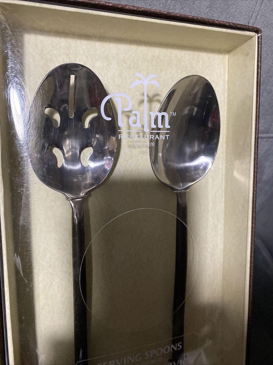 Palm Restaurant Serving spoons 2 Stainless Steel Decor Handles slotted & solid