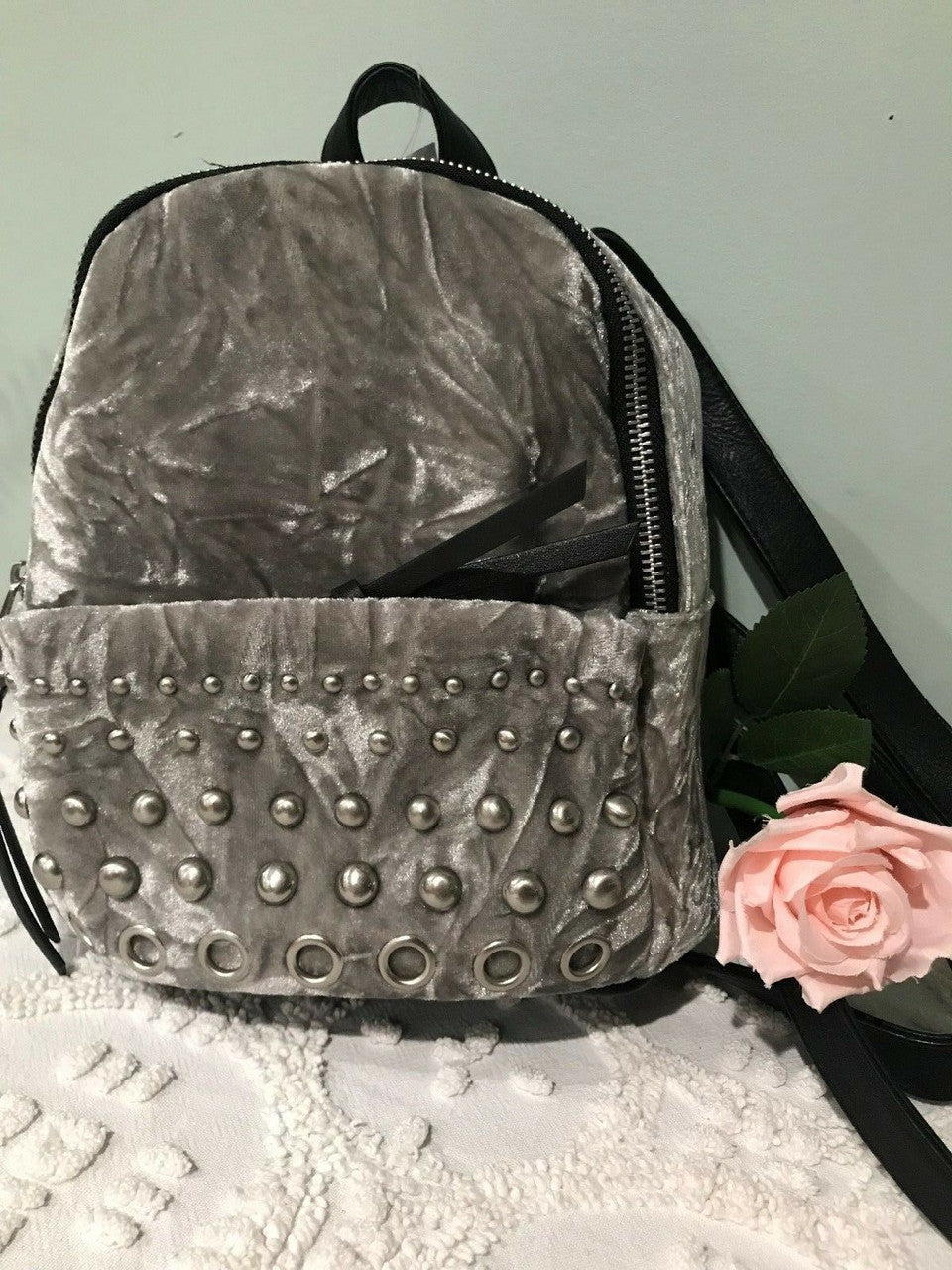 Madden Girl Velvet Studded Mini Backpack Purse Bag Gray