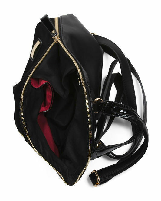 PAULA VERA Spain Velvet Backpack brand name patch button accents 10in W x 12in H