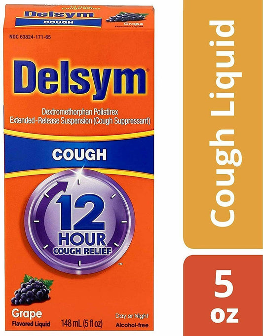 Bottle of Delsym cough syrup with 12 hour relief, grape flavor, and alcohol-free indication on the label.