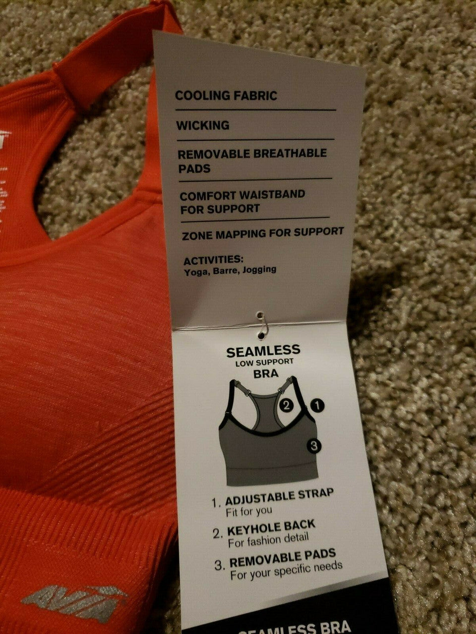 Avia Seamless Low Support S Bra Adjustable Straps, Keyhole Back, Removable Pads