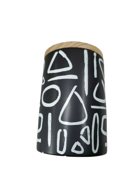 DW Home 18.5 oz Woodsmoke candle in matte black jar with white abstract print and wooden lid