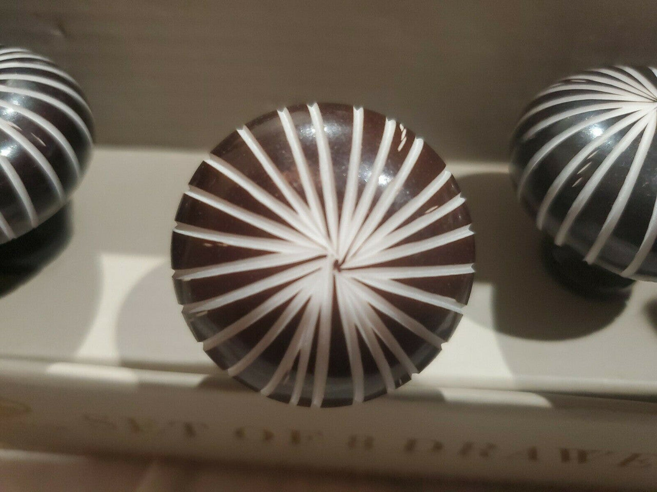 CASA DECOR 8 NEW ART CERAMIC  BLACK WITH WHITE LINES DRAWER PULLS VERY UNUSUAL 