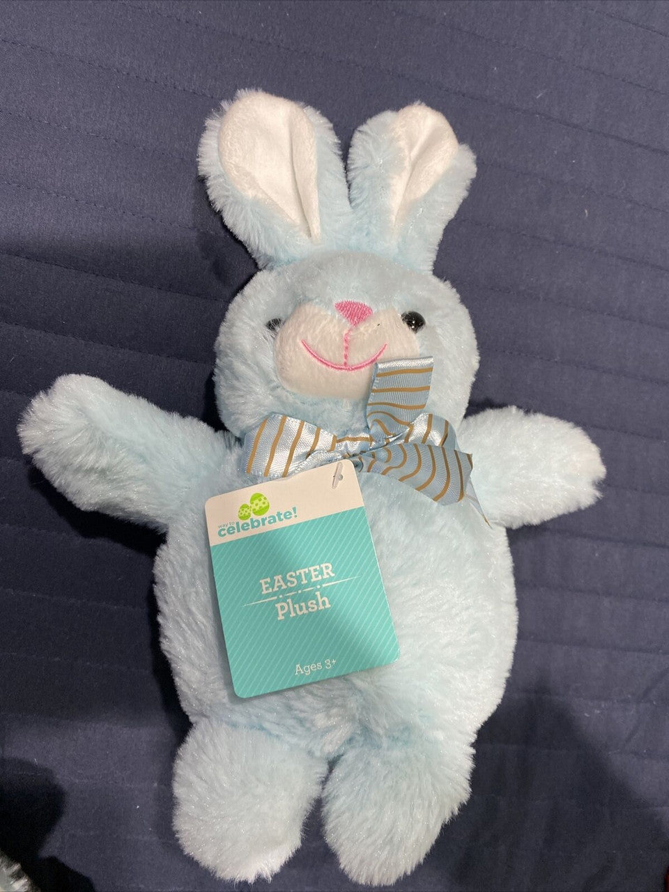 Easter Blue Bunny Rabbit Striped Bow 8" Chubby Fat Plush Baby Toy