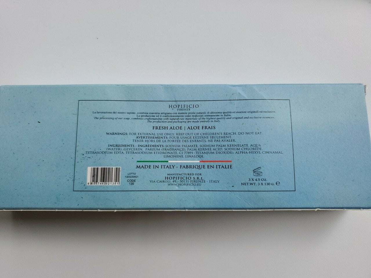 Hopificio Firenze FRESH ALOE Triple Milled Bar Soaps 3x 4.58 oz Italy