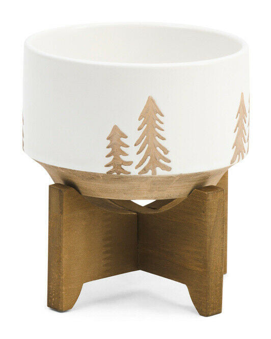 FLORA BUNDA Ceramic Planter On Wood Stand