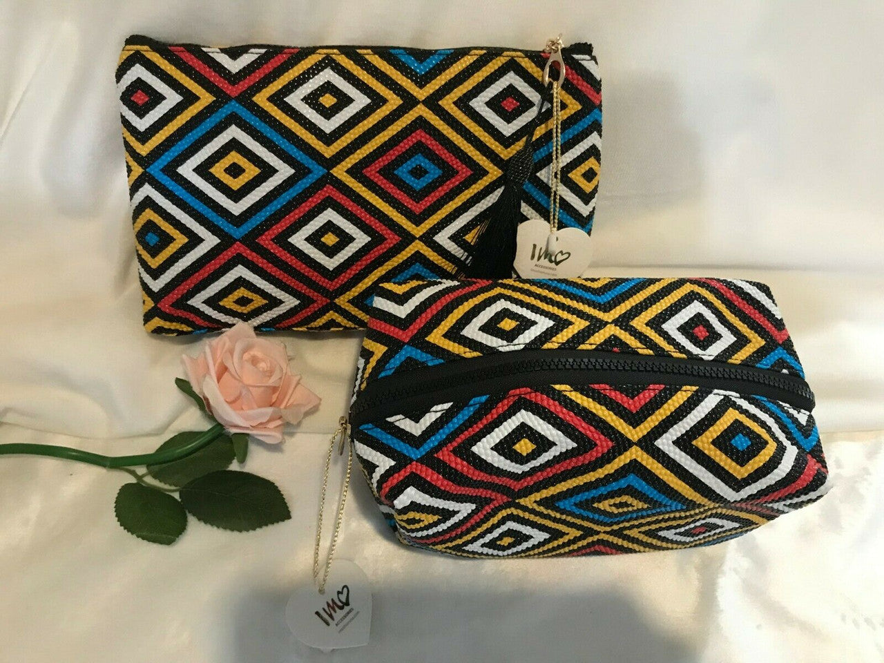 Set Of 2 IMO Imoshion Cosmetic Makeup Bag Multi-Color Black Zipper With Gold