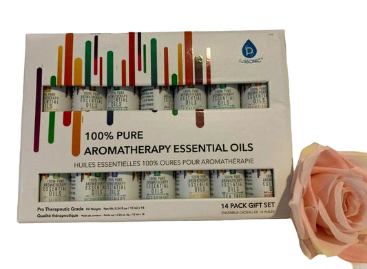 A box set of Pursonic 100% Pure Aromatherapy Essential Oils, containing 14 individual bottles of various scents, displayed with a rose beside it.