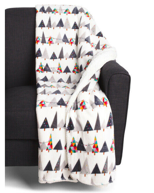 BERKSHIRE BLANKET Happy Holidays Tree Sherpa Back Throw 50" x 60"