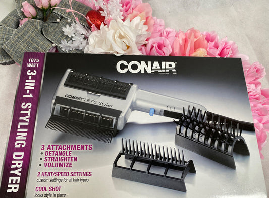 CONAIR 3in1 Cool Shot Styling Hair Dryer 3 Attachments 2 Heat/Speed Settings
