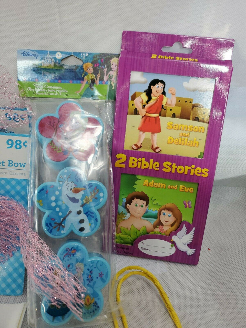 Easter Decorations Bags Bunny Tail Clip Basket Bow Bible Story lot of 13 items