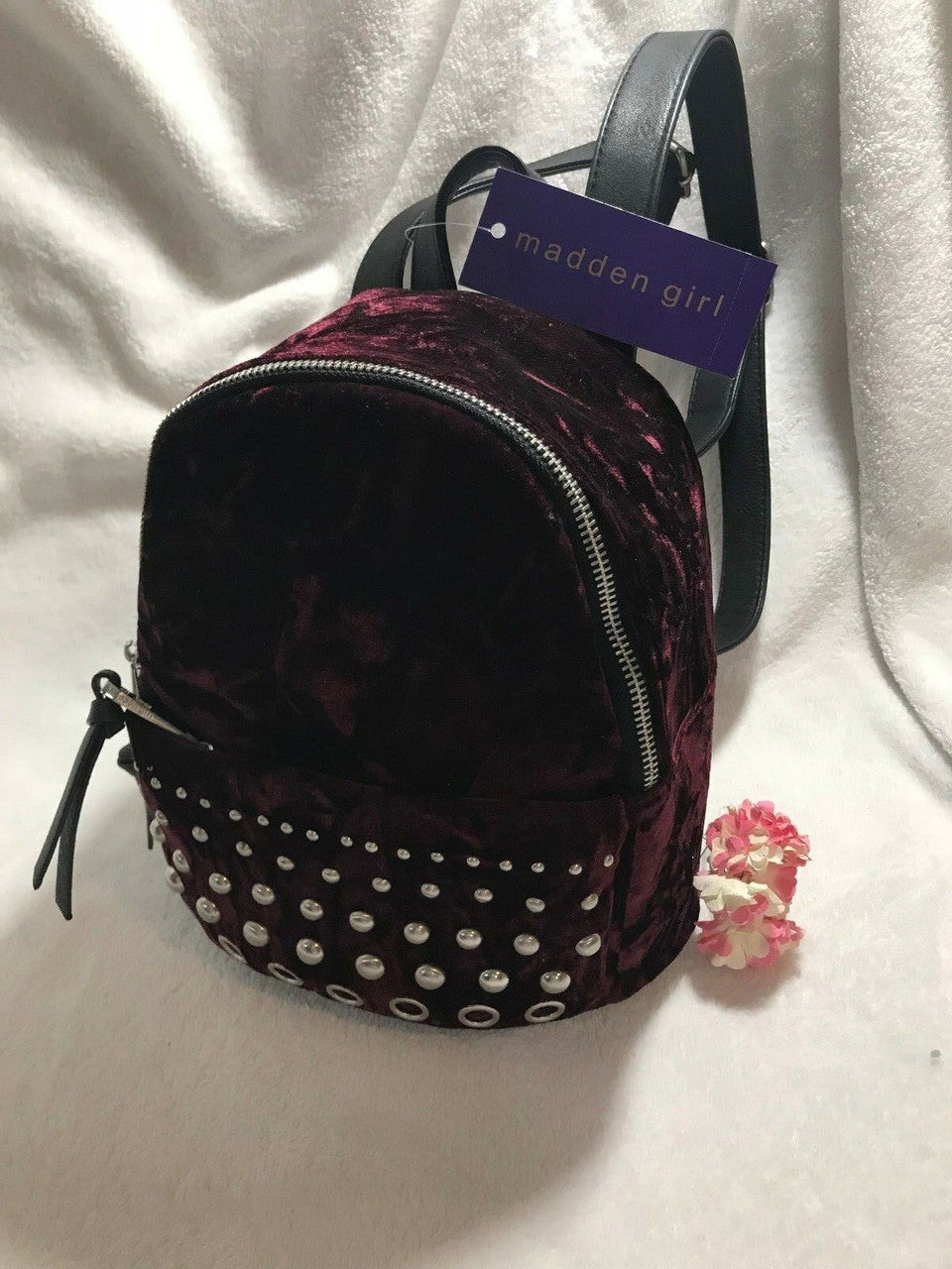 Madden Girl Burgundy Velvet Backpack with silver studs