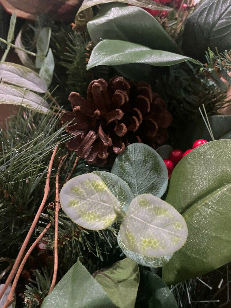 33-inch mixed floral holiday wreath with plaid ribbon and faux berries, new in box.