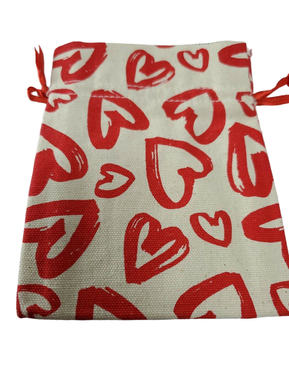 Four small burlap style Valentine drawstring treat bags with red hearts, size 4.72 x 6.02 inches.