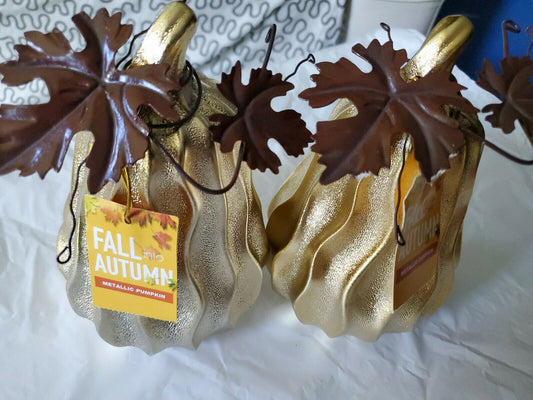 Halloween Shiny Metal Pumpkins Gold Thanksgiving Decorations pair