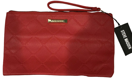 Steve Madden red wristlet cosmetic bag with quilted design and brand tag visible.