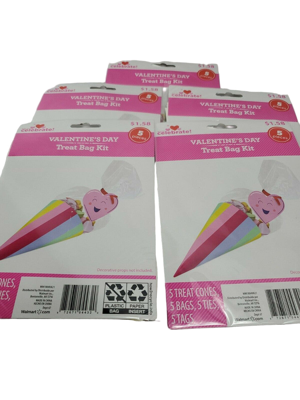 Five packages of 'WAY to Celebrate Happy Valentines Day Treat Bag (5) Kits' with visible heart shapes and pink color schemes.