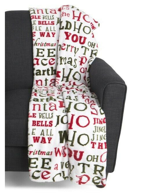 Holiday words soft fleece throw blanket, 50 x 70 inches, red green and white Christmas typography pattern by THRO Marlo Lorenz