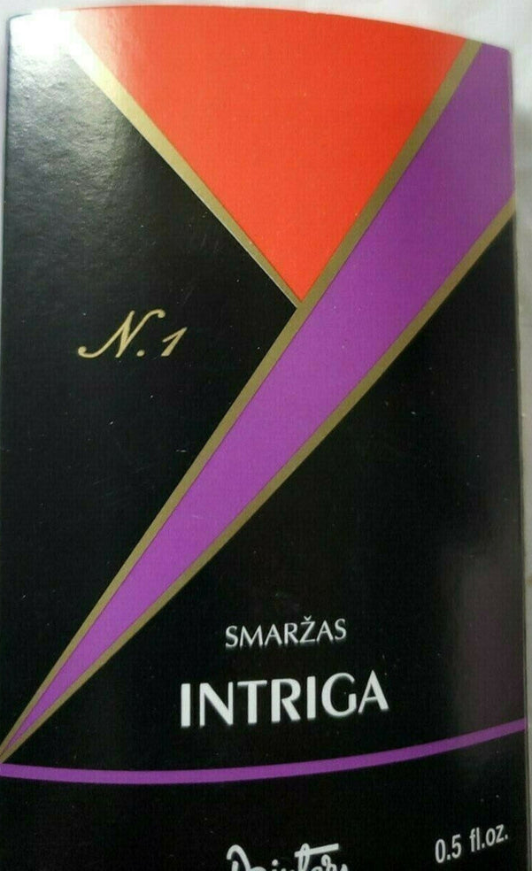 Dzintars Intriga Eau de Parfum 15 ml with vibrant black, orange, and purple packaging, shown with box and bottle details