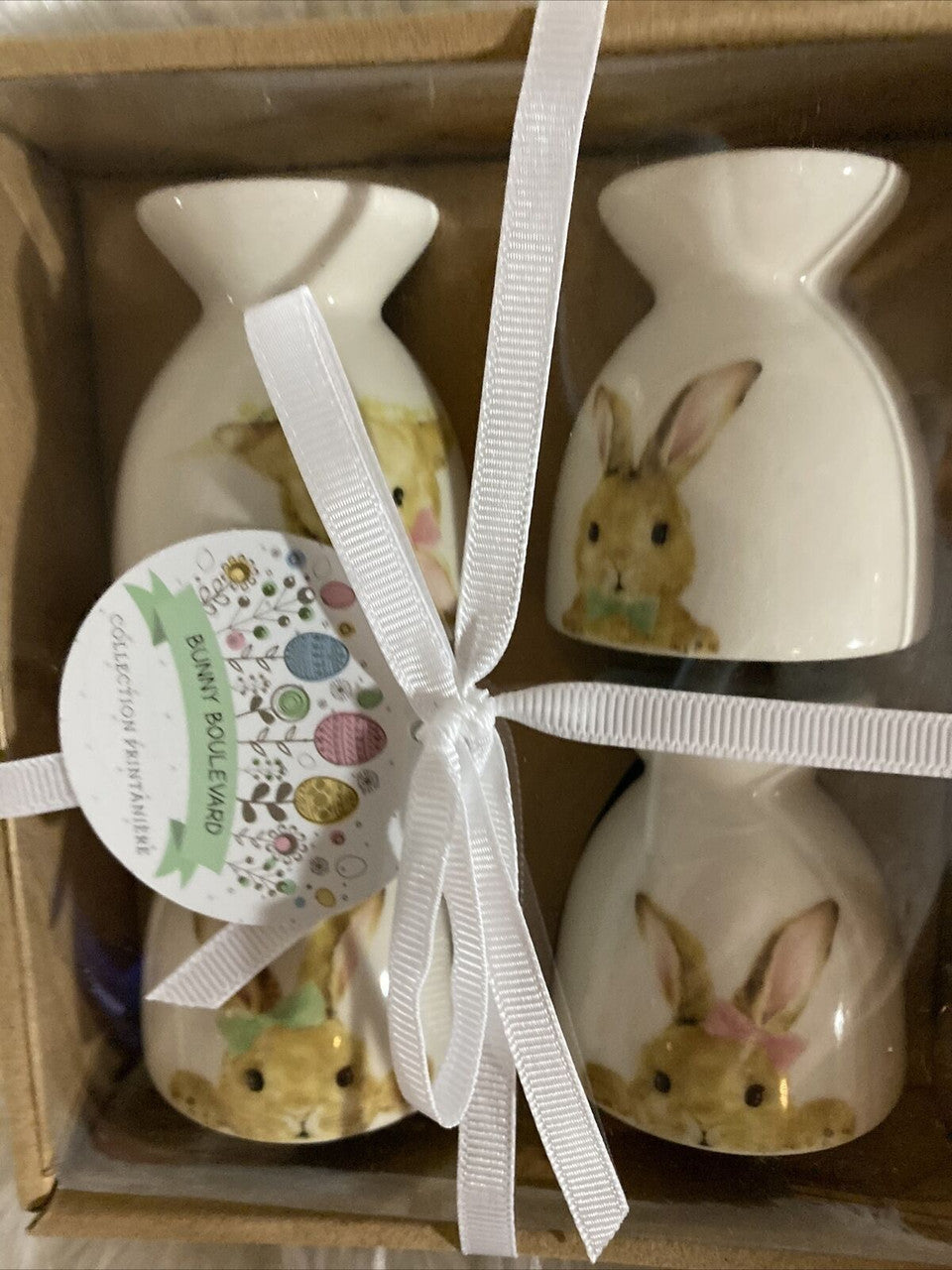 Bunny Boulevard Egg Cups Spring Collection (Set of 4) Easter Bunnies Wearing Bow